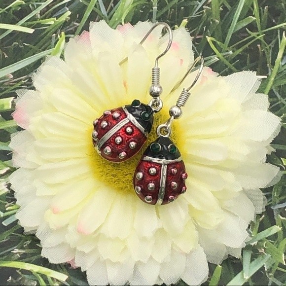 🌼 Red Ladybug Painted Dangle Earrings - Picture 1 of 2